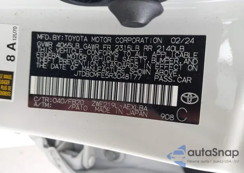 2024 Toyota Corolla Hybrid Le from USA, damaged, VIN JTDBCMFE5R3048177